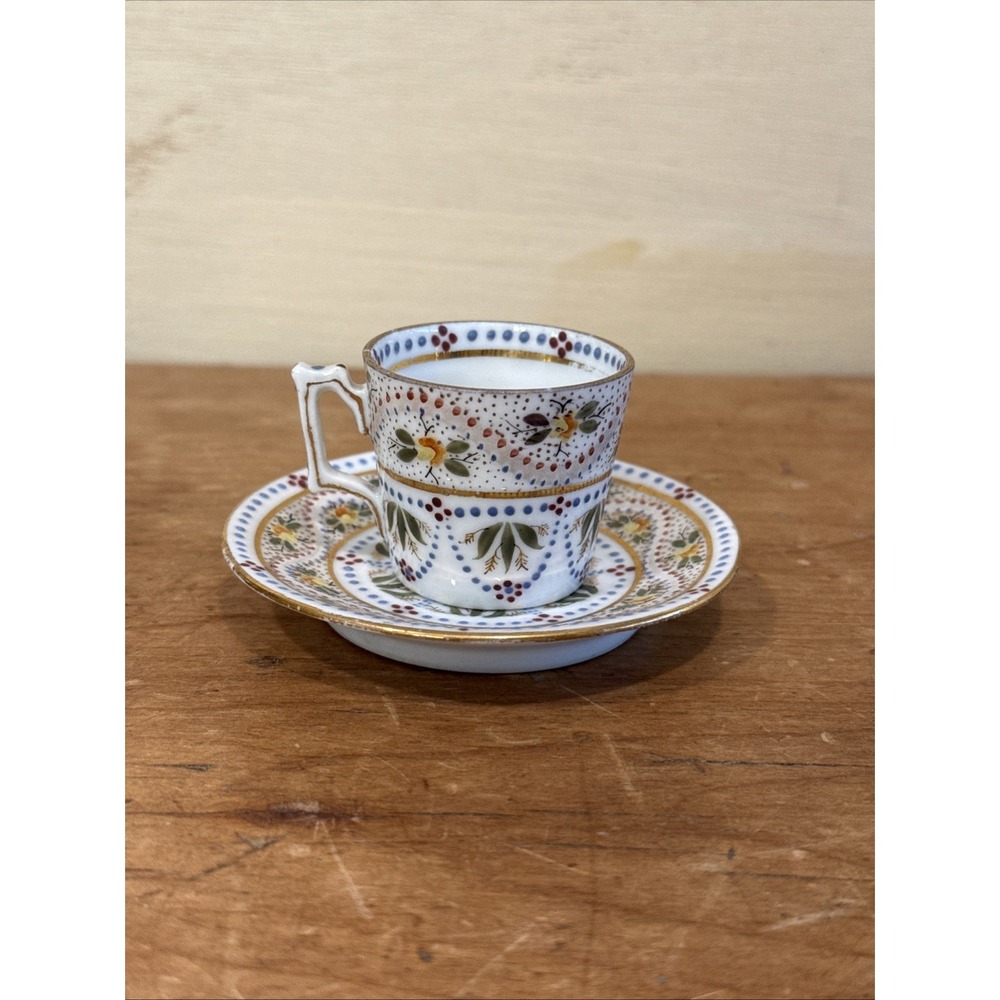 Antique Austrian demitasse cup and saucer hand‎ painted floral gold trim